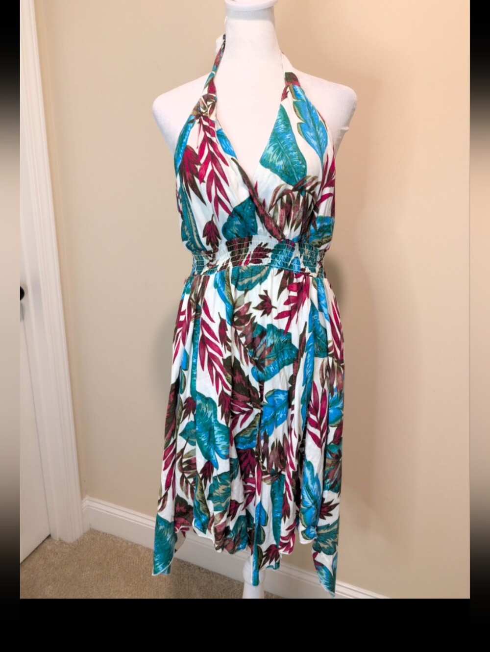 Halter Tropical Print Summer Dress in Teal & Fuchsia